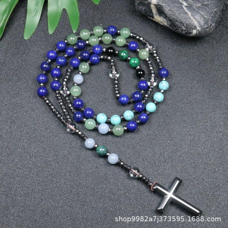 Lapis Lazuli Mischstein Rosenkranz Halskette – Edelstahl Kreuz Anhänger, Weisheit Schutz Geschenk für Männer Frauen