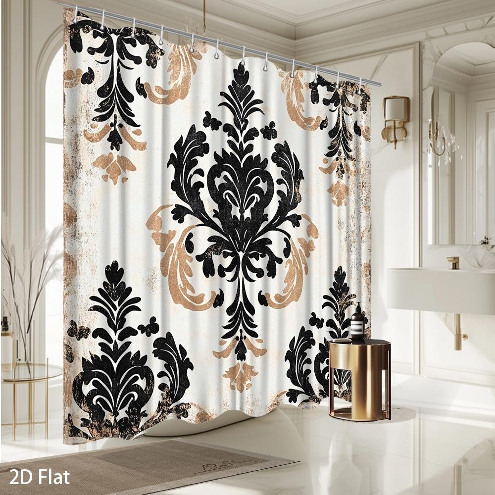 Luxury Black Gold Damask Shower Curtain – Vintage Floral Bath Linen With Hooks, Machine Washable, 59X70.8In & More