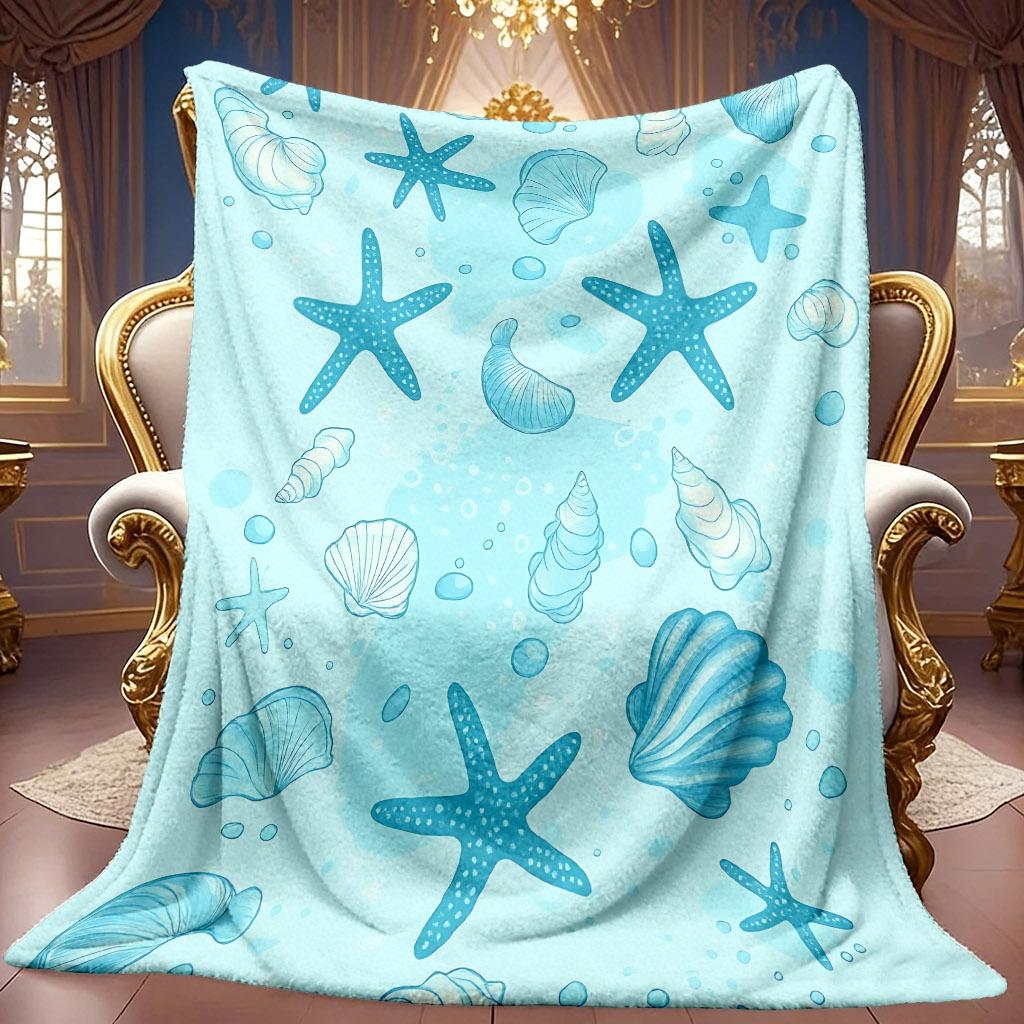 1pc 2D Starfish Shell Theme Pattern Flannel Blanket, Soft HD Digital Print Cooling Blanket Suitable for All Seasons! Soft And Breathable 100% Polyeste