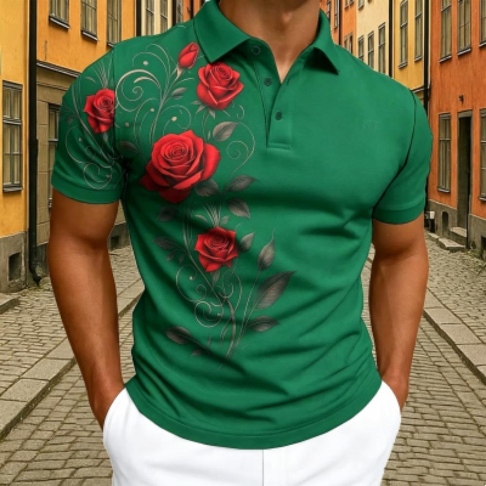 Elegantes Rotes Rosen-Blumenmuster Poloshirt Herren Outdoor Street Kurzarm T-Shirts Oberteil Sommer Zuhause Lässiges T-Shirt Herren und Damen Poloshirt