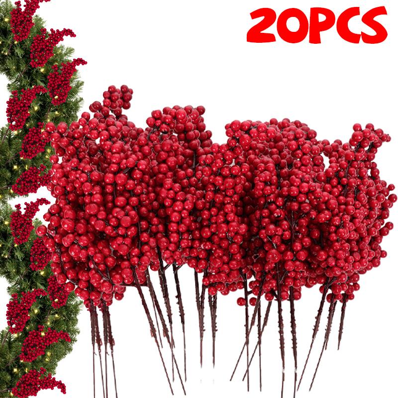 60/1Pcs Christmas Red Berries DIY Holiday Wreaths Xmas Tree Decoration Festive Ornament Displays Artificial Red Berries Stems