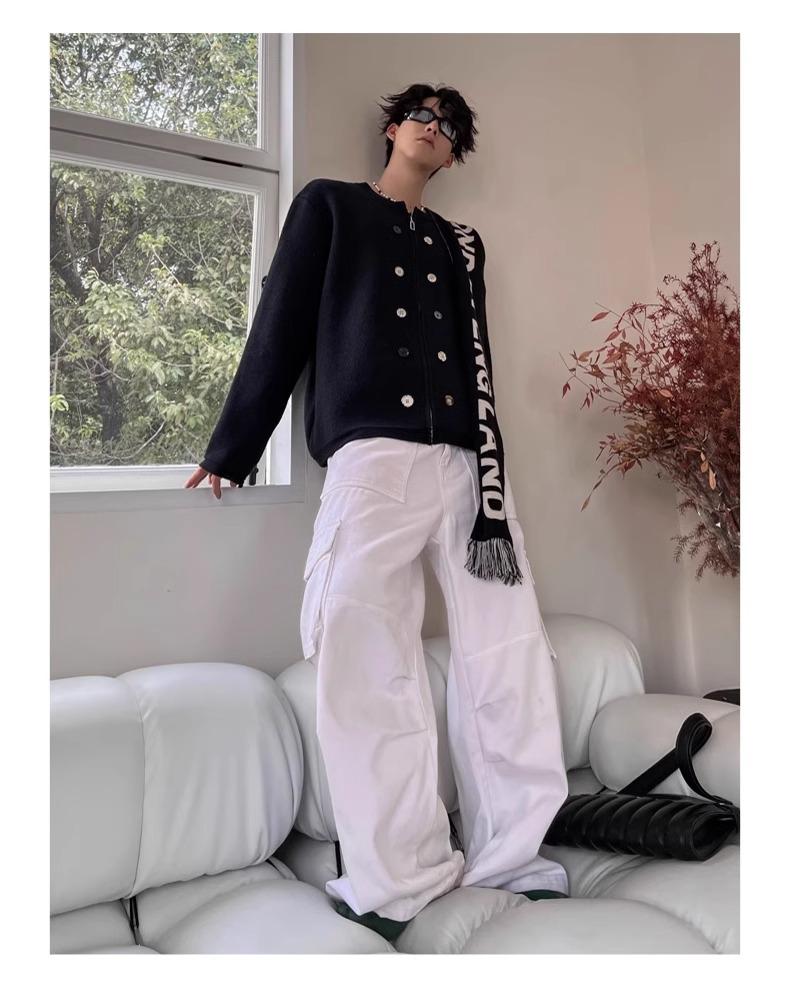 Męski kardigan dzianinowy z wysokiej półki, zapinany na zamek, z okrągłym dekoltem - Jesienno-zimowy styl leniwy