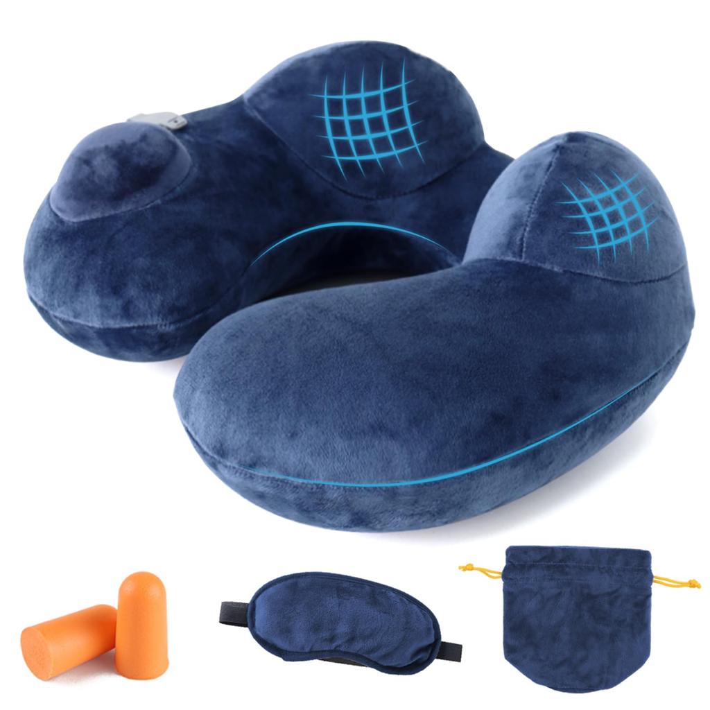 air pillow for comfortable air foldable neck pillow for easy Includes a storage and an eye Compact, pump-operated travel. Lightweight, portable,