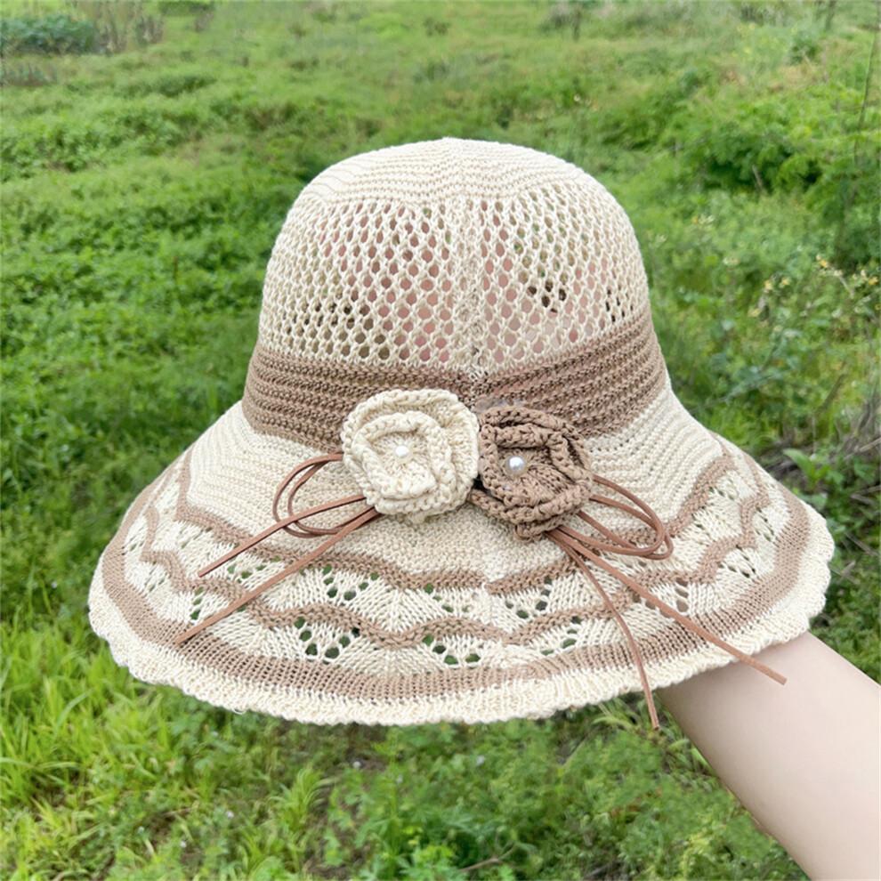 (One Size, White) Women Summer Knit Sun Hat Breathable Crochet Flower Wide Brim Sun Protection Fisherman Cap