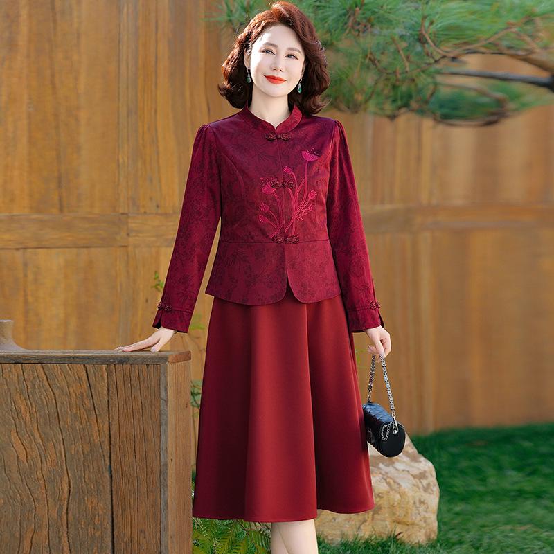 

2026 Spring-Autumn Mother-in-law Wedding Outfit: New Style Formal Two-piece Dress Jacket Suit 5XL (73-78 kg) вина червоного кольору
