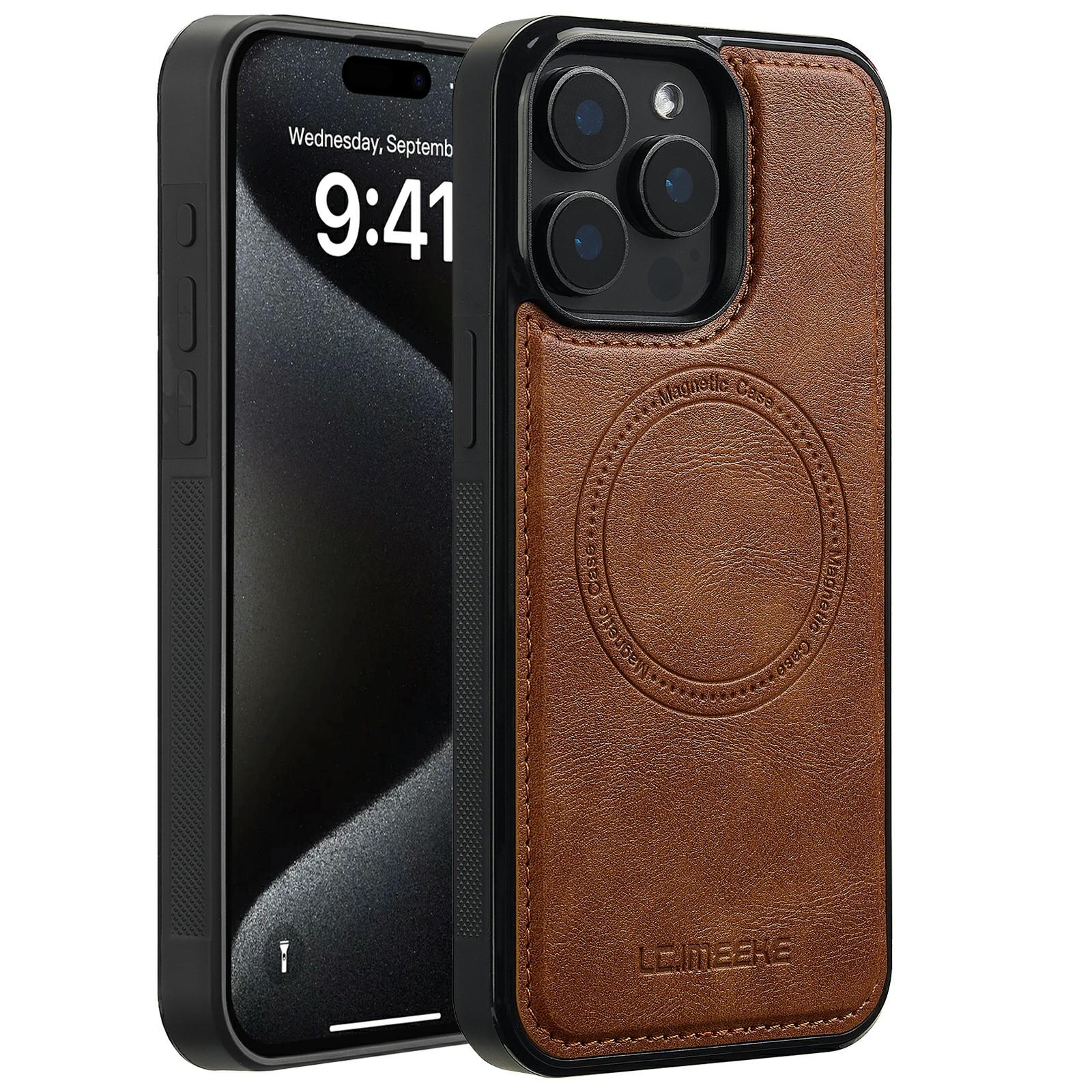 

LC.IMEEKE For iPhone 15 Pro Max Magnetic Case Compatible with MagSafe Leather+TPU Back Cover Brown
