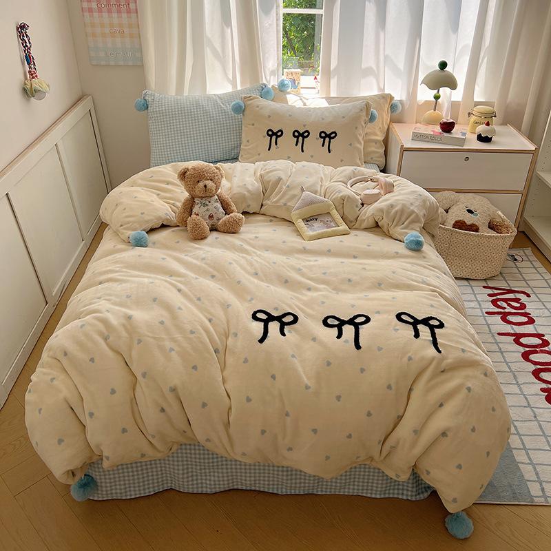 Girl Sweetheart Bow Embroidery Towel Embroidery Printing Thickened Milk Fleece Four-Piece Set