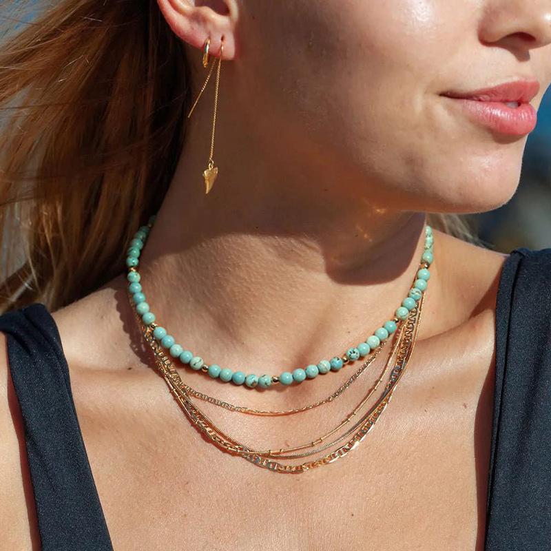 5mm Blue Turquoise Beads Necklace For Women Semi Precious Stone Charm Choker Neck Power  Summer
