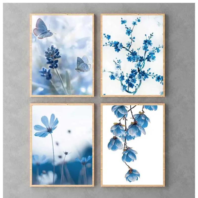 Wall Art Blue Tone Dandelion Peony Orchid Flower Oil Painting Spring Poster and Printmaking Living Room Home Decoration Pictures
