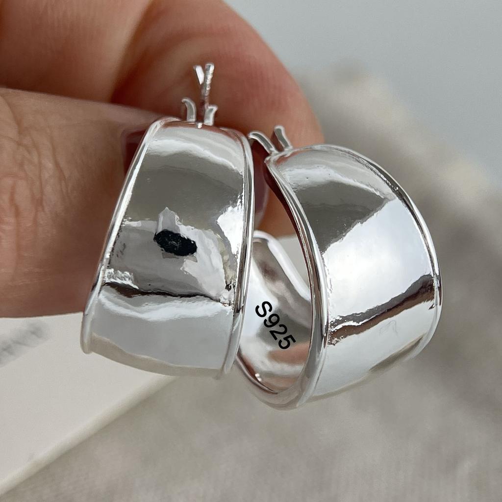 925 Silver Vintage Earrings For Women Trendy Wide Smooth Earring Jewelry Prevent Allergy Party Accessories Gift