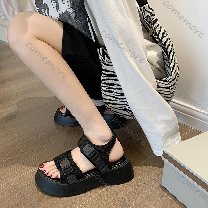 Fashion Comemore Black Sports Sandals Female Summer New Thick Bottom Heightening Roman Shoes Casual Flat Sweet Cool Students Sandales