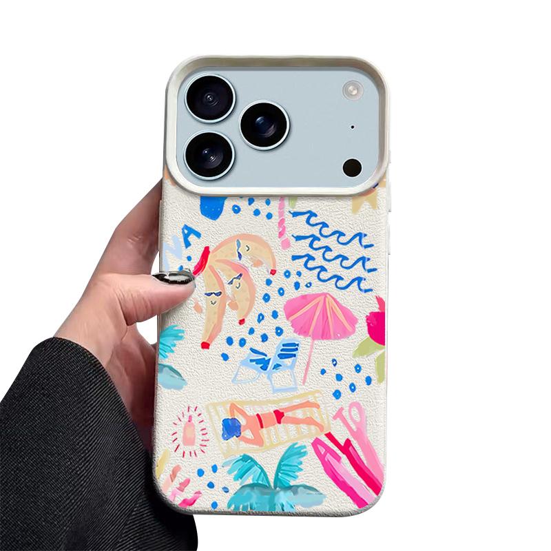 Cartoon Vacation Painting Case For iPhone 17 Pro Max iPhone 16 Pro Max 15 14 13 12 11 16E Air Luxury Leather Texture Silicone Cover