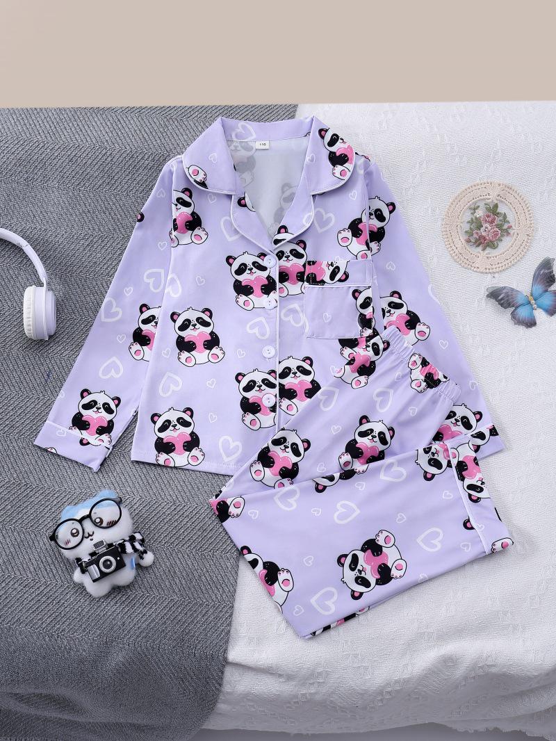 Kids Panda Print Pajama Set with Long Sleeves and Pants Size 130