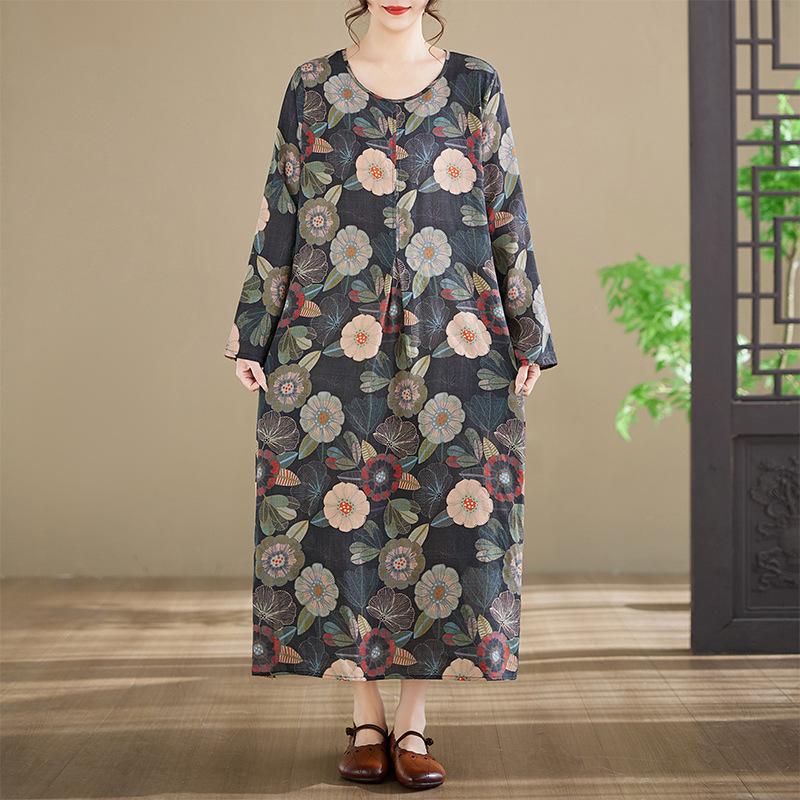 2026 Women's Long-Sleeve Printed Cotton Dress, Round Neck, Plus Size