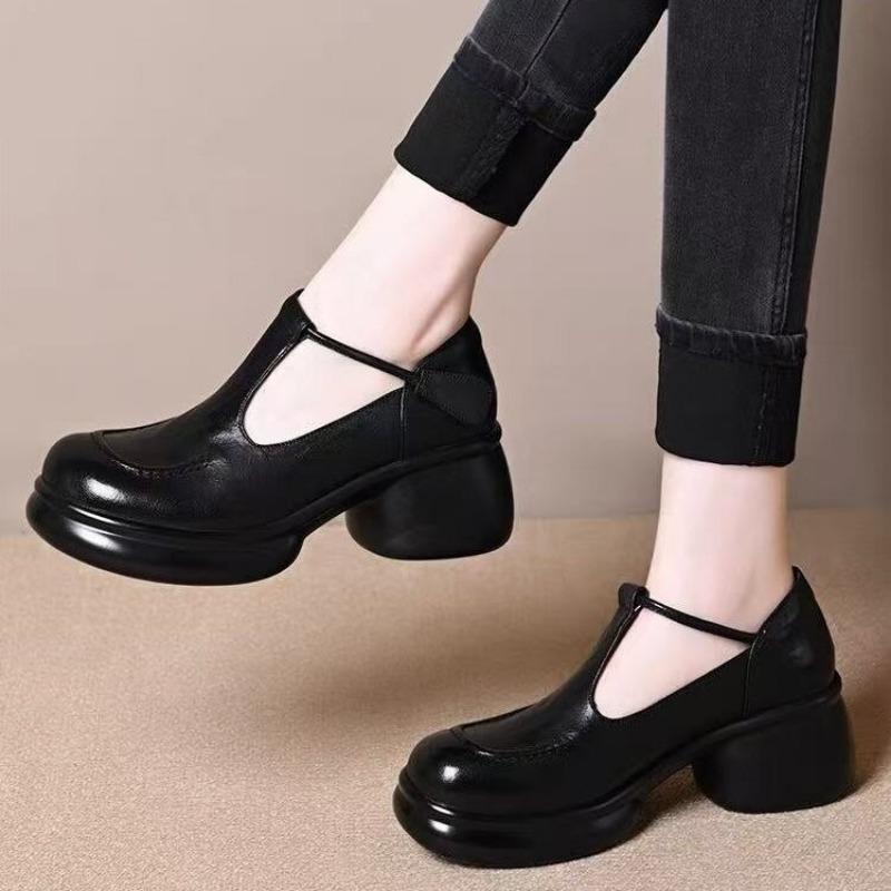 Autumn New High-heeled T-buckle Mary Jane Small Leather Shoes Women's Thick-heeled Thick-soled Casual Versatile Light-mouth Single Shoes