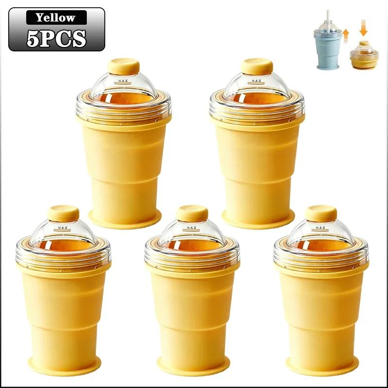 Silicone Folding Straw Cup with Ice Cube Mold Summer Collapsible Travel Cup Bottle Built-in Ice Ball Mold 2in1 Portable Amagi