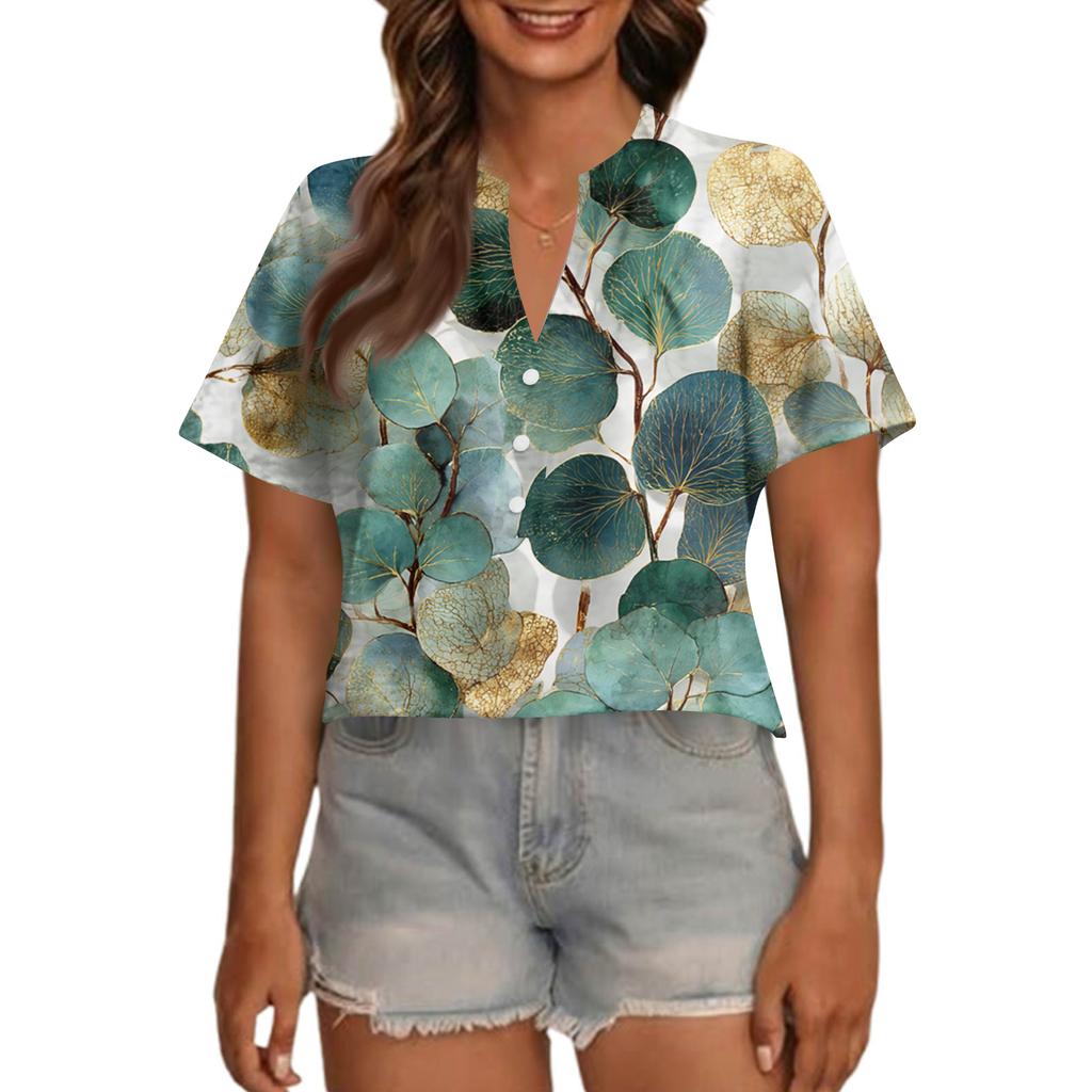 Women's Fashionable Casual V Neck Button Up Oversized Short Sleeve Printed Top