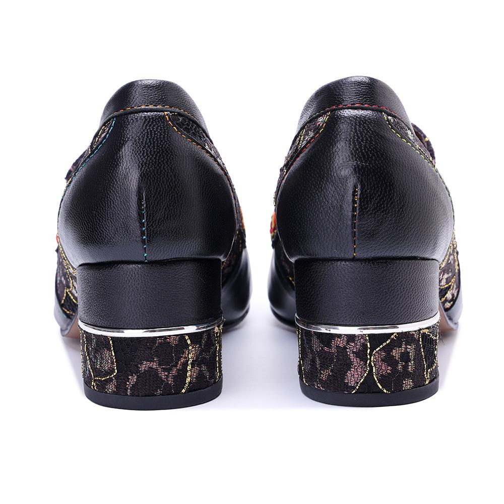 Johnature Ručně vyráběné lodičky z pravé kůže, retro prošívání, pohodlné mokasíny, silný podpatek, dámské boty