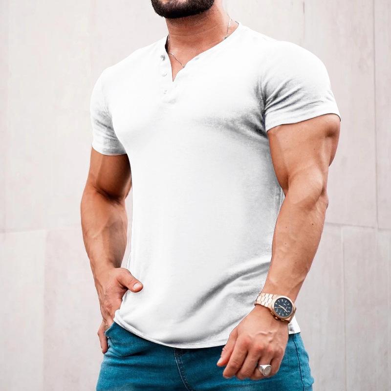 

2026 Summer New Round Neck Short Sleeve Button Men s Slim Fit Solid Color Casual T-Shirt S белый