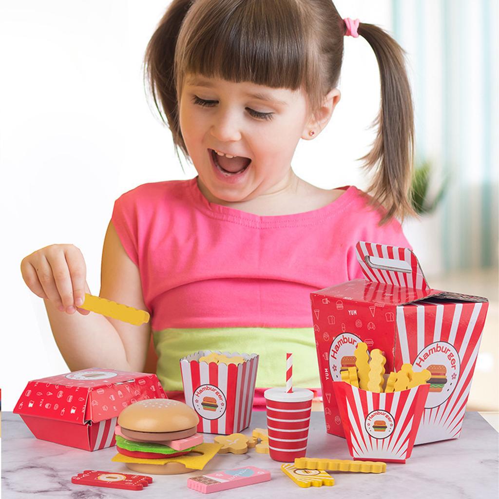Children's Wooden Hamburger and French Fries Family Bucket Set, Combined with Simulated Kitchen, Family Food Gift Toys