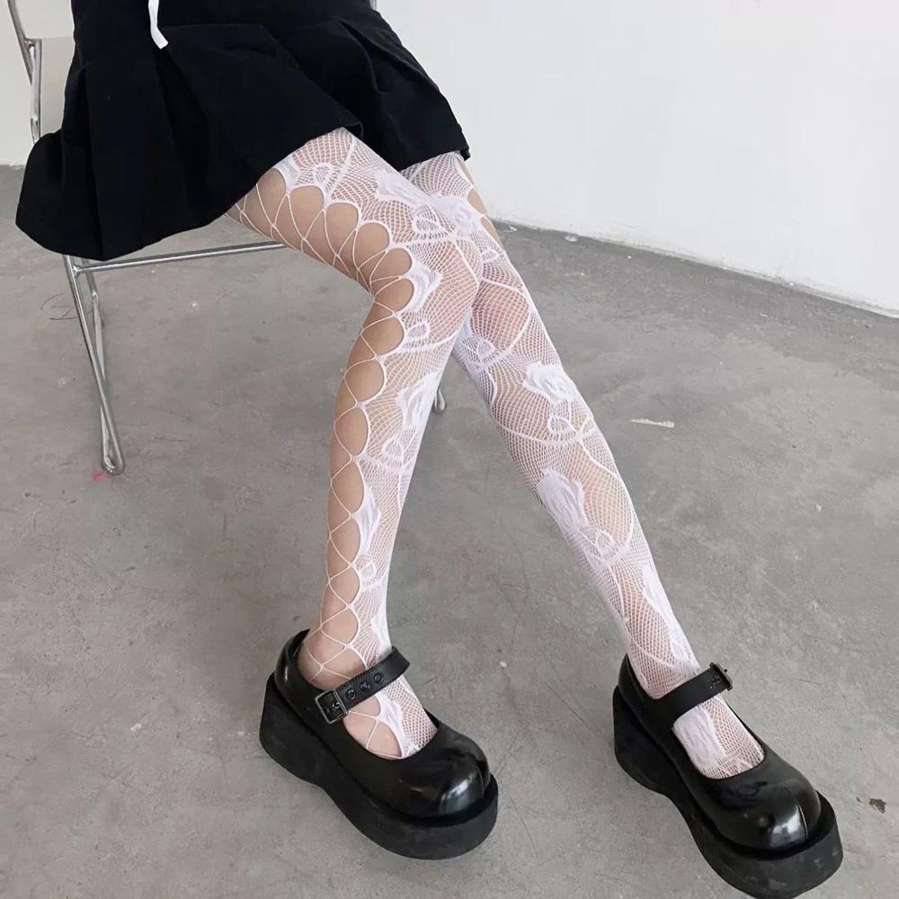 Women Sexy Hosiery Thigh High Mesh Stockings JK Lolita Punk Ladies Girls Hollow Out Fishnet Stockings Y2K Nylon Pantyhose Lolita