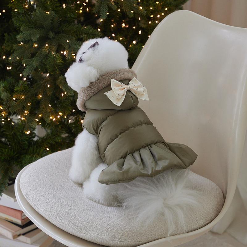 Thick Winter Pet Clothes: Hooded Bowknot Cotton Outfit for Small Dogs