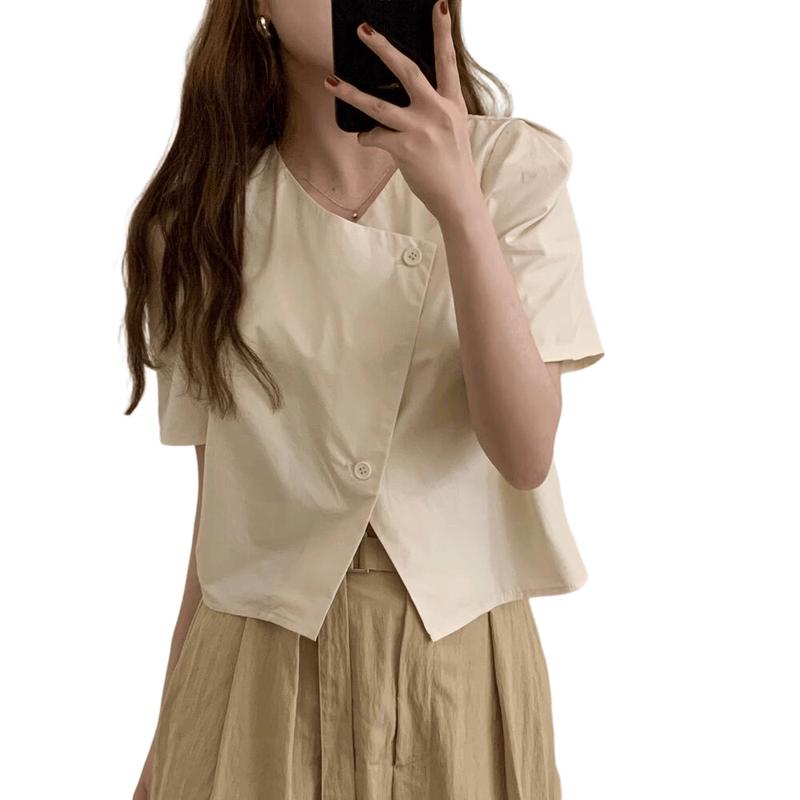 La Chapelle Women s V-Neck Irregular Button Short Sleeve T-Shirt One Size