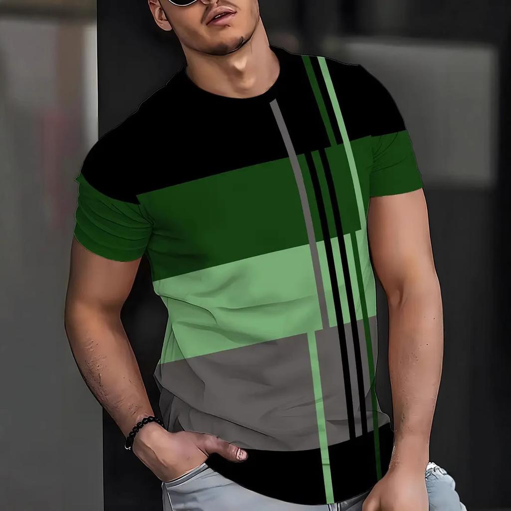 Summer Round Neck Color - Block & Striped 3D Print Top Fashionable Casual Short Sleeved Men's T-shirts
