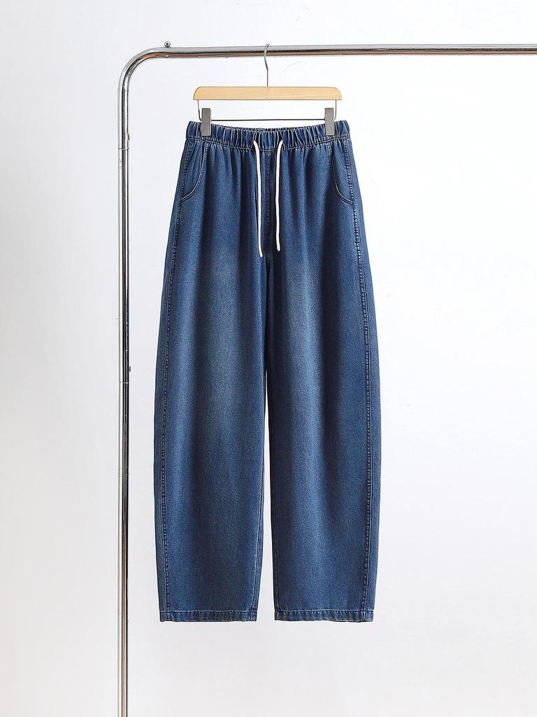 2026 Spring/Autumn Women's Retro Lyocell Denim Wide-Leg Pants - Trendy Elastic Baggy Banana Leg Style