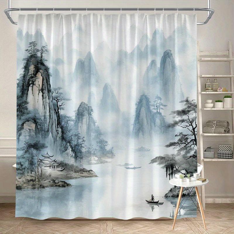 Transform Your Bathroom with this Waterproof Shower Curtain Featuring a Serene Chinese Landscape for a Zen Experience