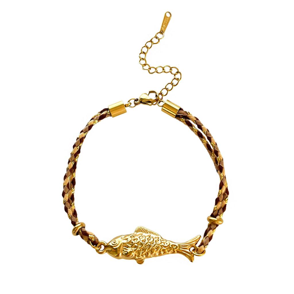 Handmade Woven Lucky Fish Bracelet Lucky Fish Bracelet 18K Gold Plated Fish Charm Woven Chain Bracelet