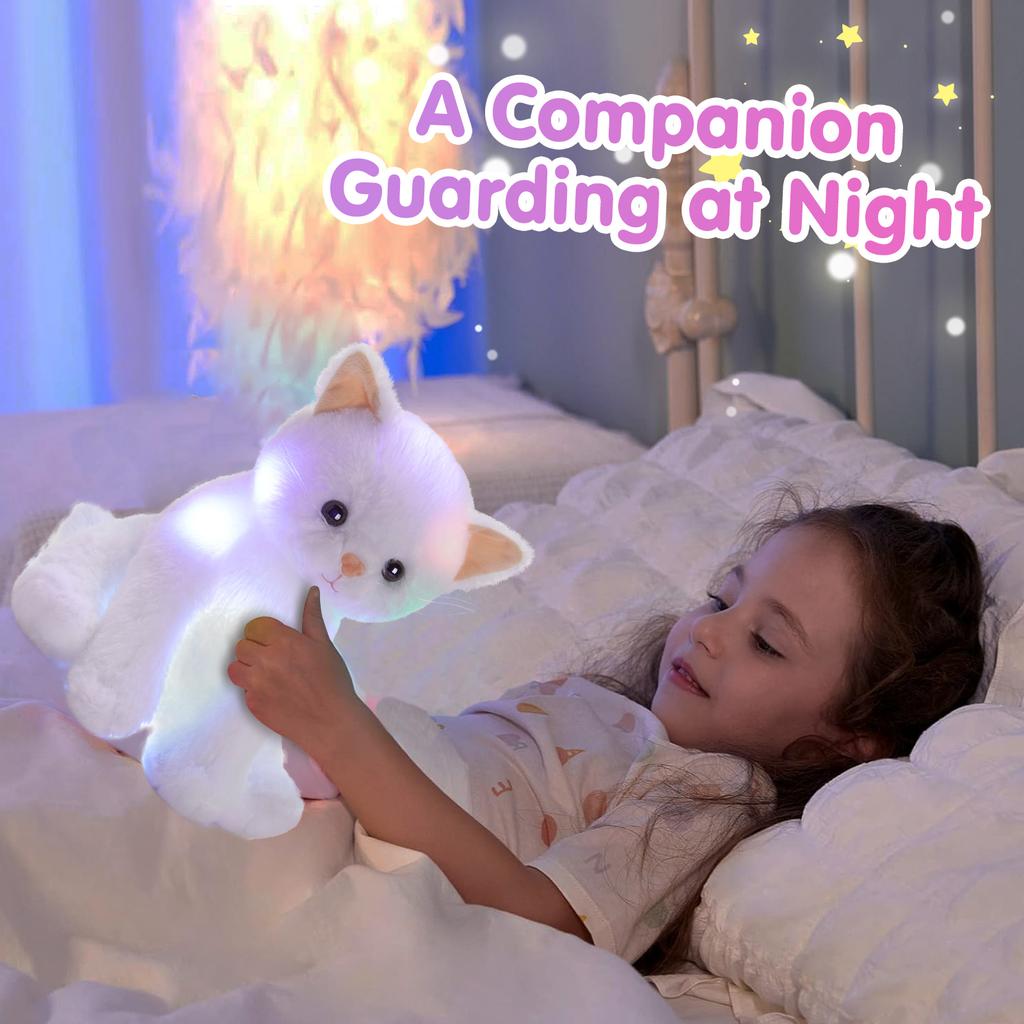 Glowing Musical White Cat Plush Toy Soft Cute Kitty Stuffed Animal Gift For Kids Birthday Party Mother Day Present