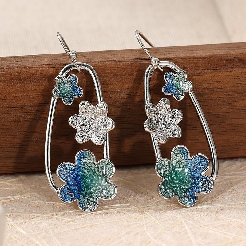 

Creativity Silver Color Enamel Flower Dangle Women s Earrings Oval Metal Hang Carving Pattern Party Daily Wear