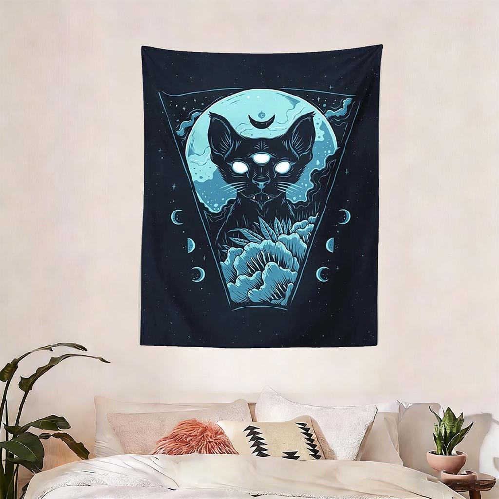 Mystical Cat Moon Tapestry Flat Print Starry Sky Floral Wall Hanging Gothic Witchy Aesthetic Decor for Bedroom  Dorm Perfect