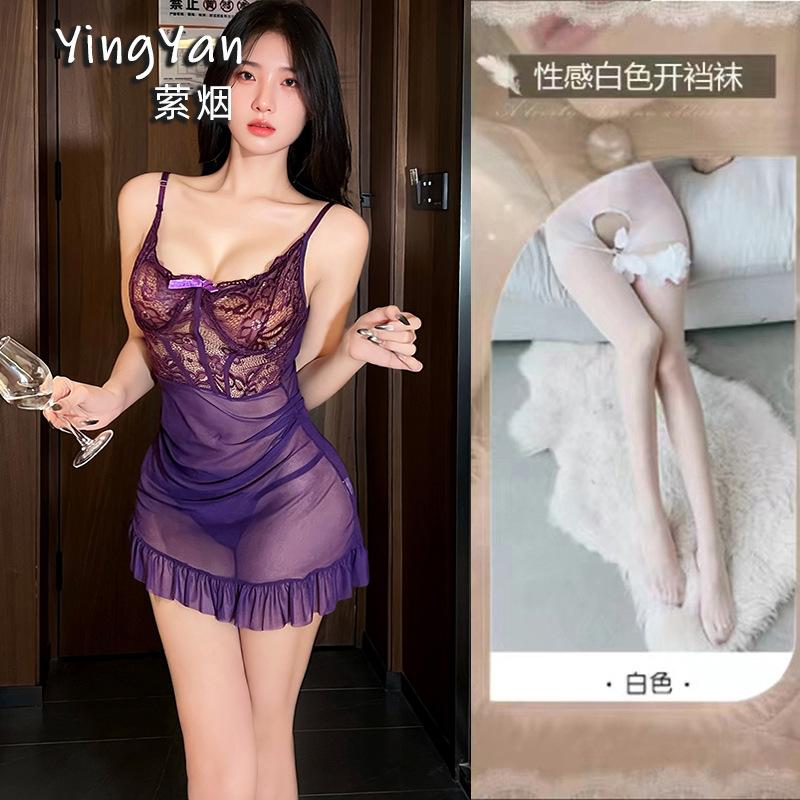Sexy lingerie sexy perspective lace slim nightdress charm tulle hollow beautiful back irregular loungewear