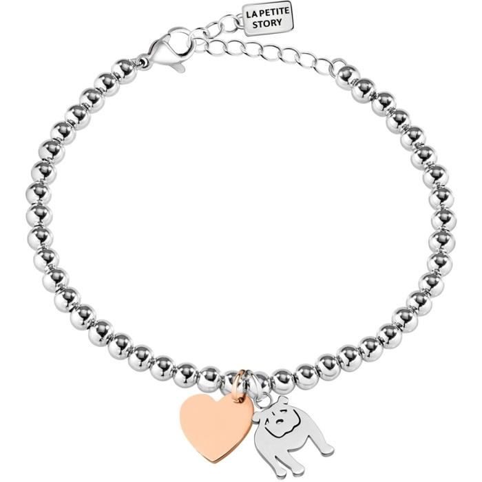 Bracelet La Petite histoire LPS05AQI06 Collection Dog & Kitty balles en acier inoxydable Bouledogue coeur rose