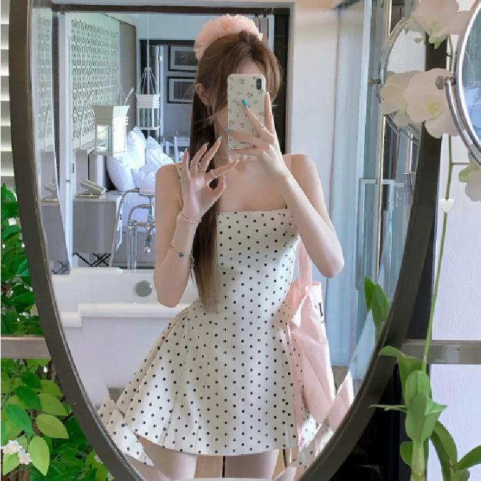 

Small French polka dot suspender dress children s summer new temperament beautiful a word puffy skirt S