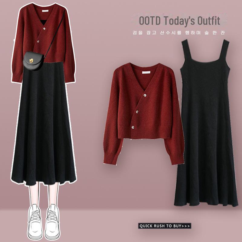 

Жіночий в’язаний светр із V-подібним вирізом 2024 року, осінній комплект із двох частин, куртка та тонка спідниця One Size