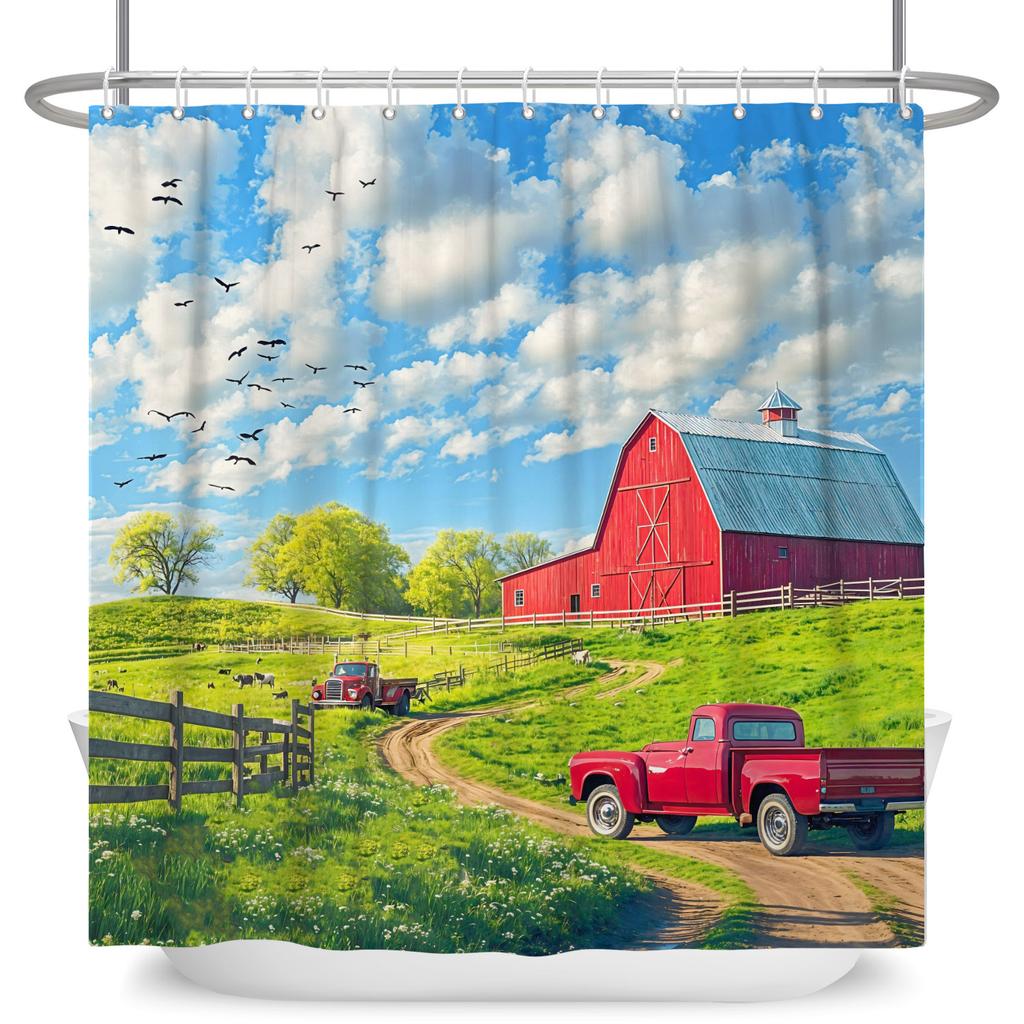 Garden Path Shower Curtain with 12 Hooks Realistic Forest Landscape Butterflies Waterproof Polyester Bathtub Bathroom Curtain