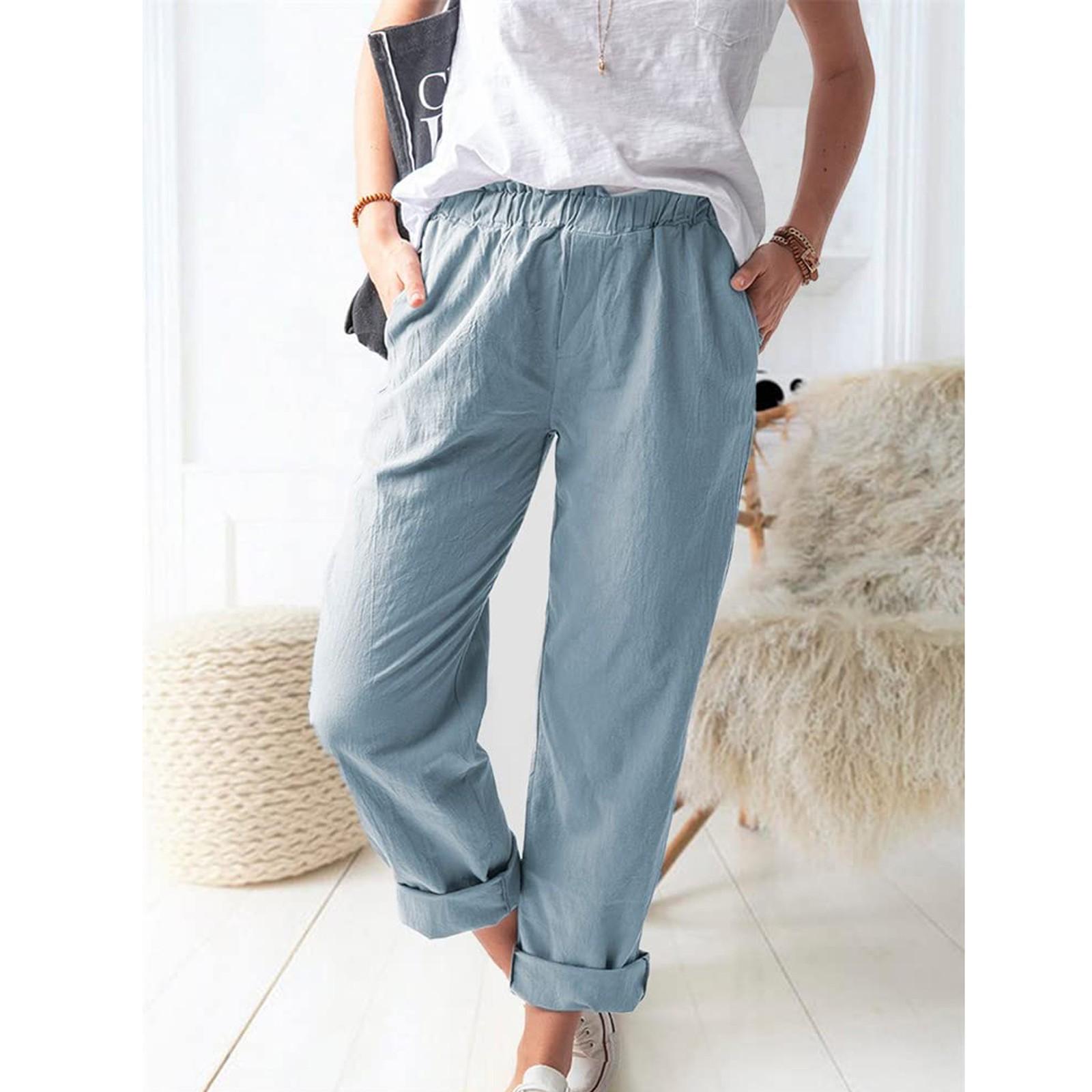 

Женские свободные широкие брюки, повседневные эластичные брюки с эластичной резинкой на талии, свободные эластичные брюки с широкими штанинами из хлопка и льна XXXL синий