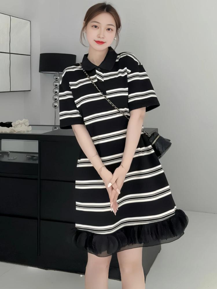 Plus Size Women s Color Block Lapel Striped Summer Dress 3XL