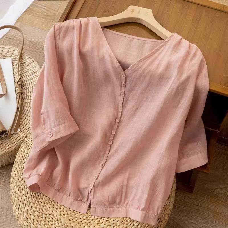 Women Summer New Retro Literary Style Linen Blend V Neck Half Sleeve Casual Simple Blouse