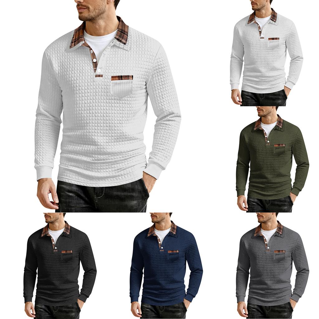 Men's Casual Color Checkered Patchwork Pocket, Lapel, Long Sleeved Sport
