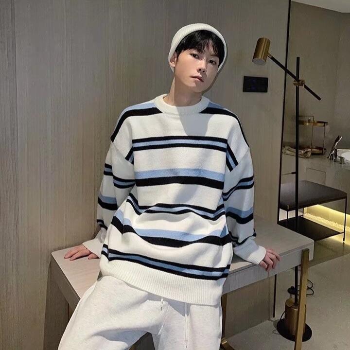 Men's Striped Knit Sweater – Autumn/Winter Round Neck Loose Fit Long Sleeve T-Shirt Hoodie