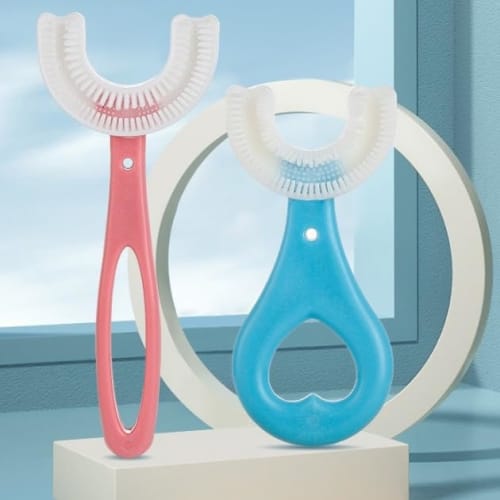 Two-Piece U-Shaped Toothbrush Set In Two Colors, Manual Toddler Toothbrush for Kids Ages 2-12, 360× Oval Cleaning, Soft Silica Gel Brush Head, Portabl