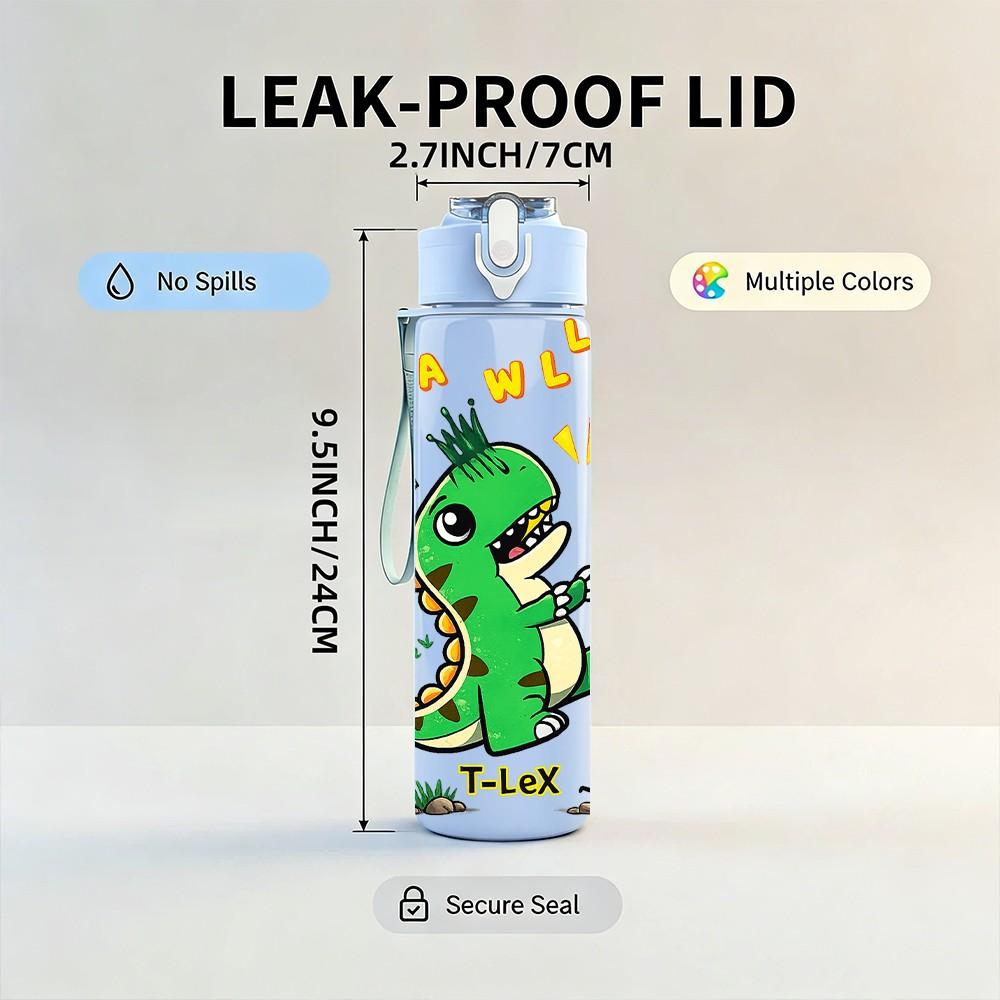 1PC Green Dinosaur Fun Kids Cartoon Print 750ml Color Plastic Sports Water Bottle Leakproof Flip Straw Lid Suitable for Sports Office Home Use