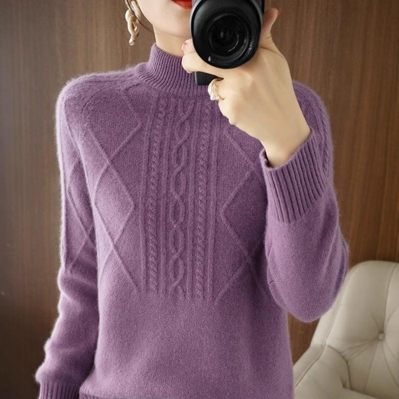Half Turtleneck Sweater for Women Solid Color Casual Warm Knitted Sweater Thickened Loose Long-sleeved Pullover Autumn and Winter