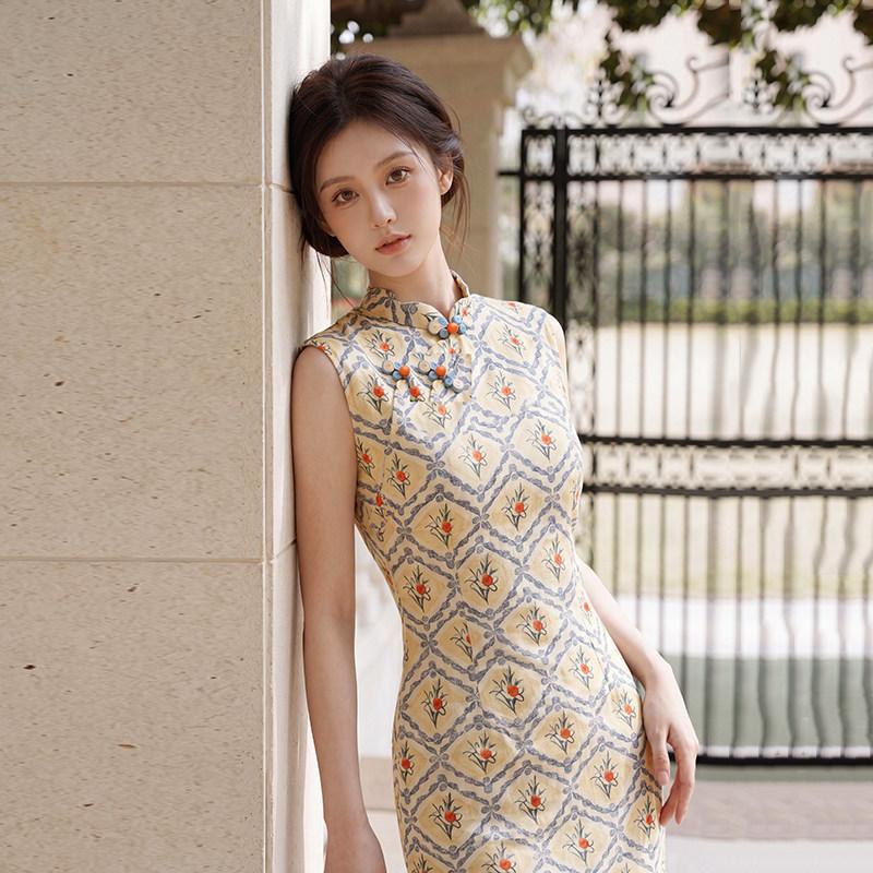 Yellow sleeveless national style new Chinese daily Suzhou long cheongsam improved young 1011 new women's high sense