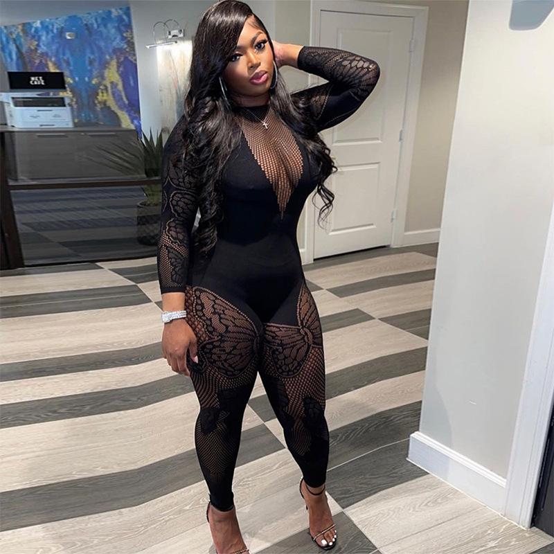Sexy See Through Jumpsuits Women Long Sleeve Thin Mesh Butterfly Print Elastic Midnight Clubwear Workout Overalls