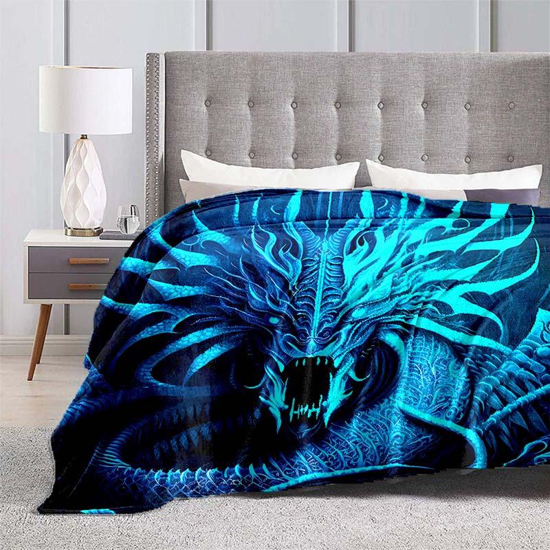 1pc Blue Ice Dragon Blanket For Home- Lightweight Flannel Throw For Sofa, Bed, Travel, Camping